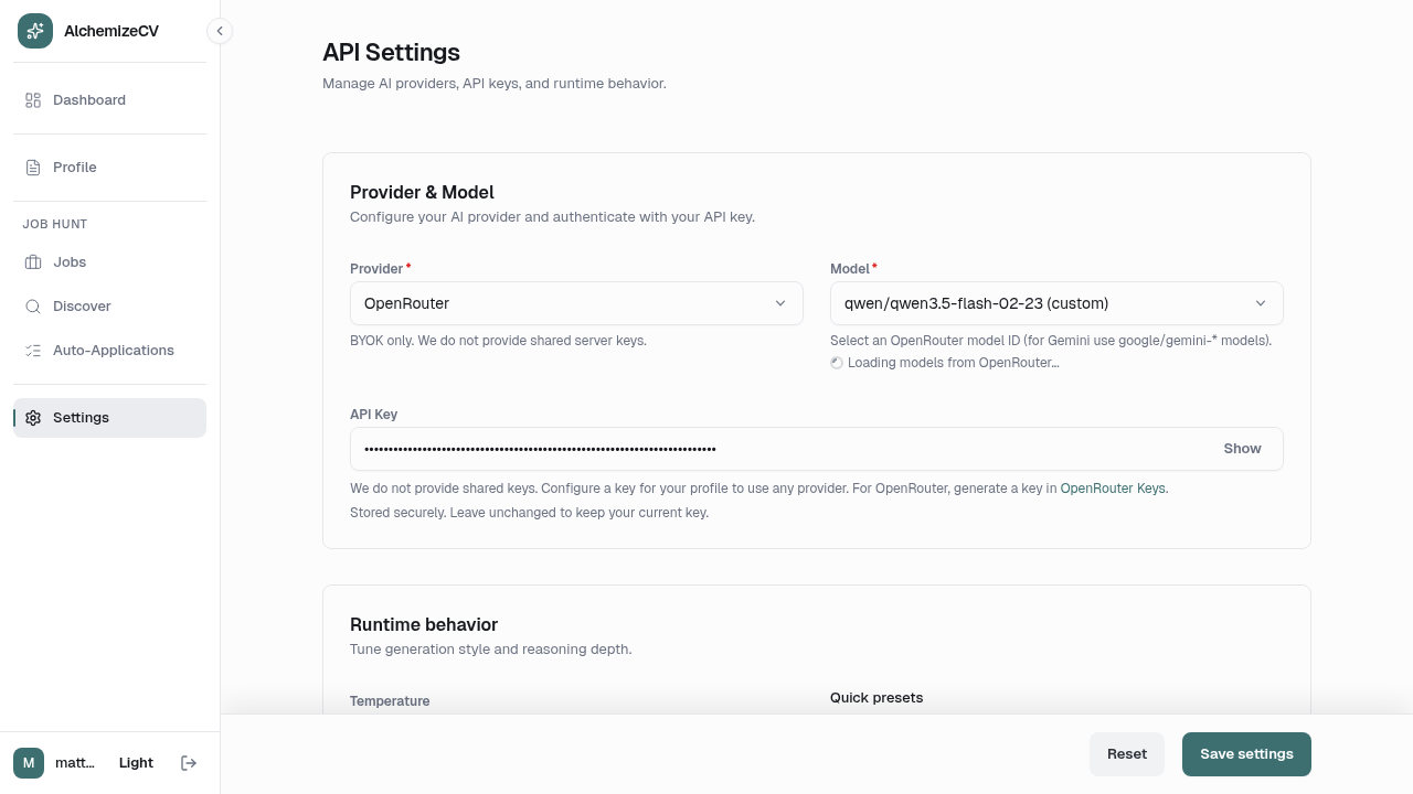 Authenticated API settings screen showing BYOK provider and model configuration.