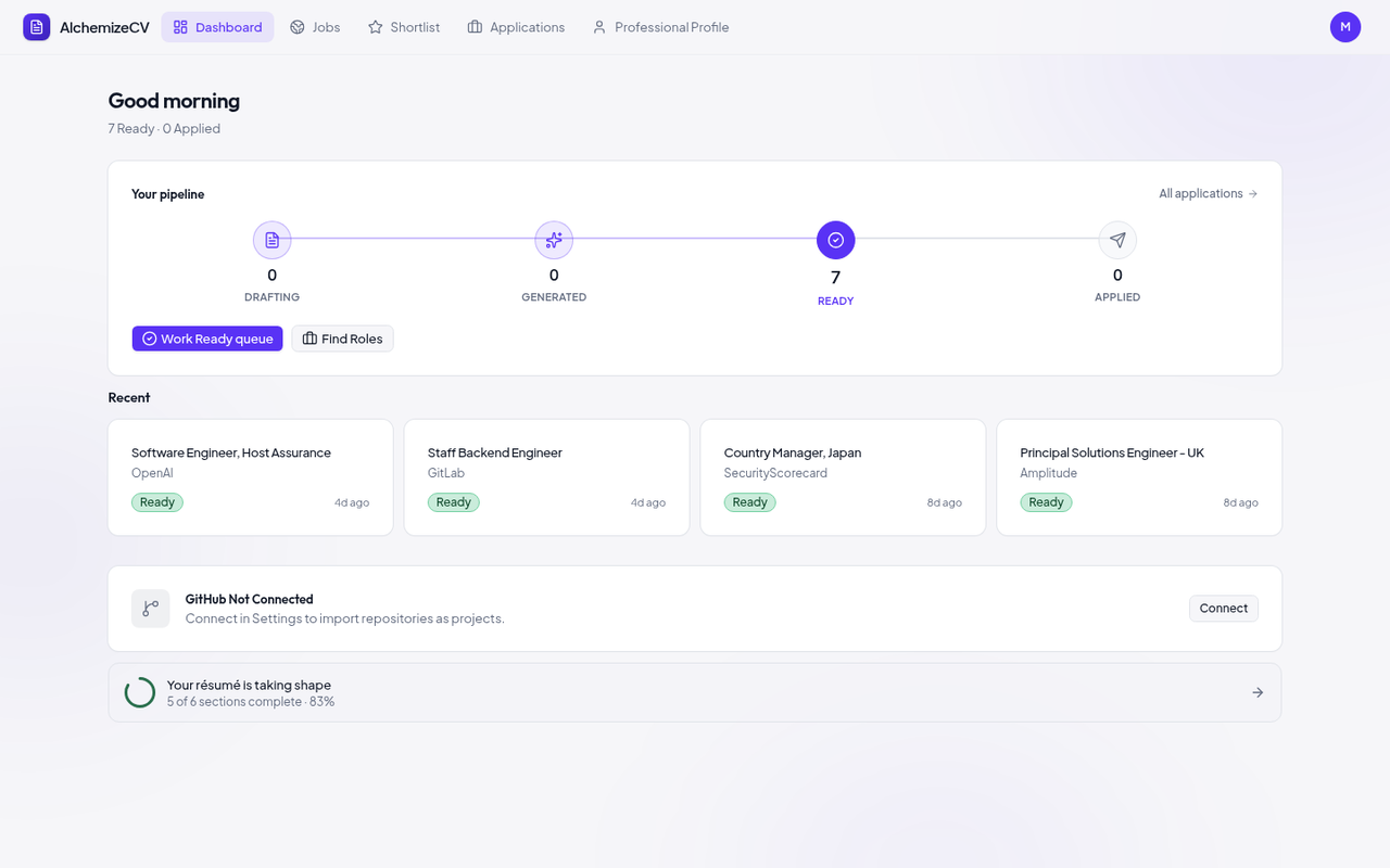 Application dashboard with drafting, generated, ready and applied stages