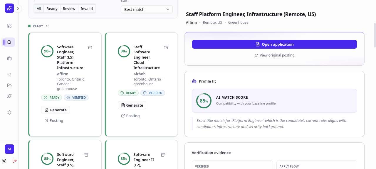 Populated job board showing scored job matches with ready and verified badges alongside a selected job's profile-fit panel