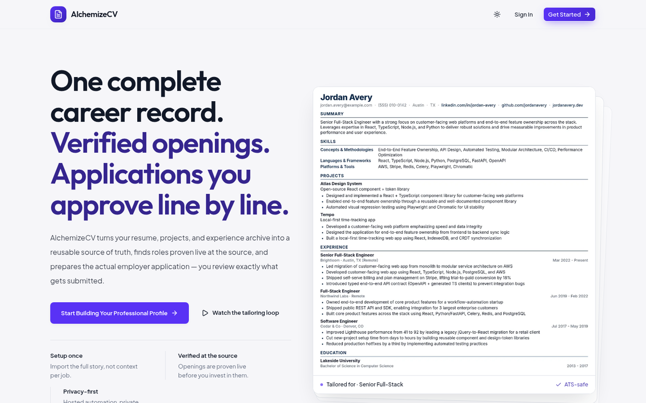 AlchemizeCV landing page: one complete career record, verified openings, applications you approve line by line, beside a sample tailored résumé.