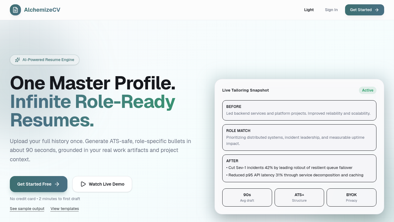 AlchemizeCV marketing hero promising role-ready resumes from one master profile.