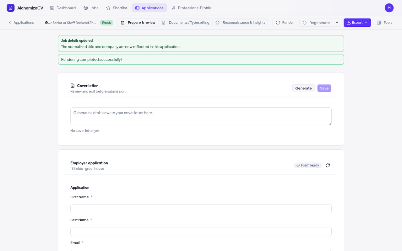 Application workspace showing a cover letter editor and inspected Greenhouse form fields
