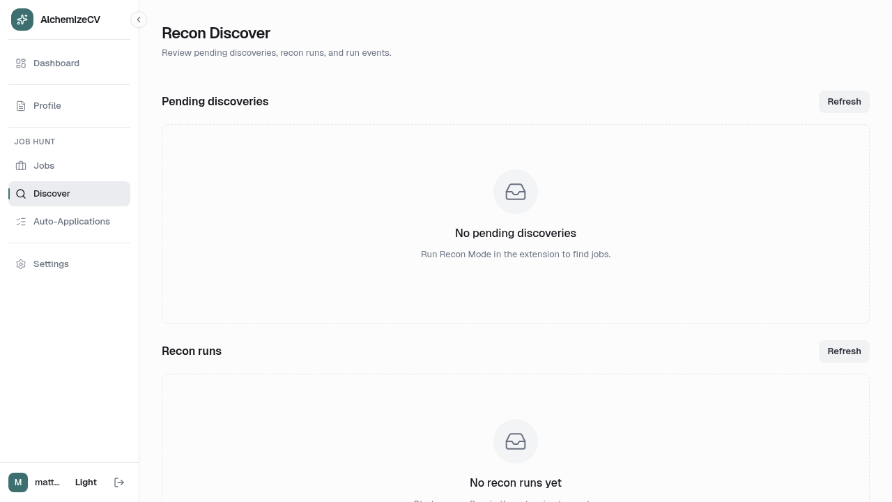 Authenticated recon discover screen for pending discoveries and recon runs.