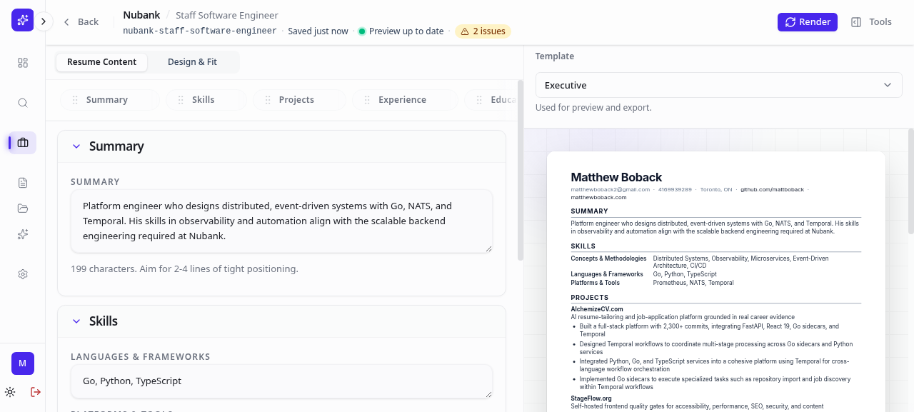Resume editor with draft sections on the left and a live rendered preview on the right