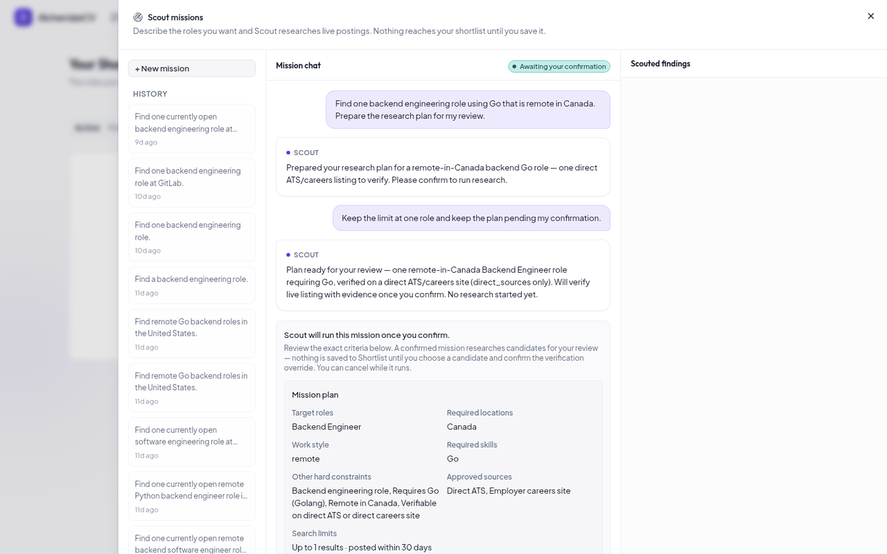 Scout research plan for a remote Go backend role in Canada, awaiting confirmation