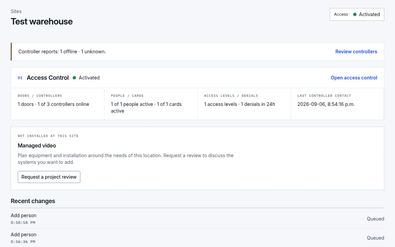 Operator portal site overview with access-control counts, controller reports, queued changes, and recent activity.