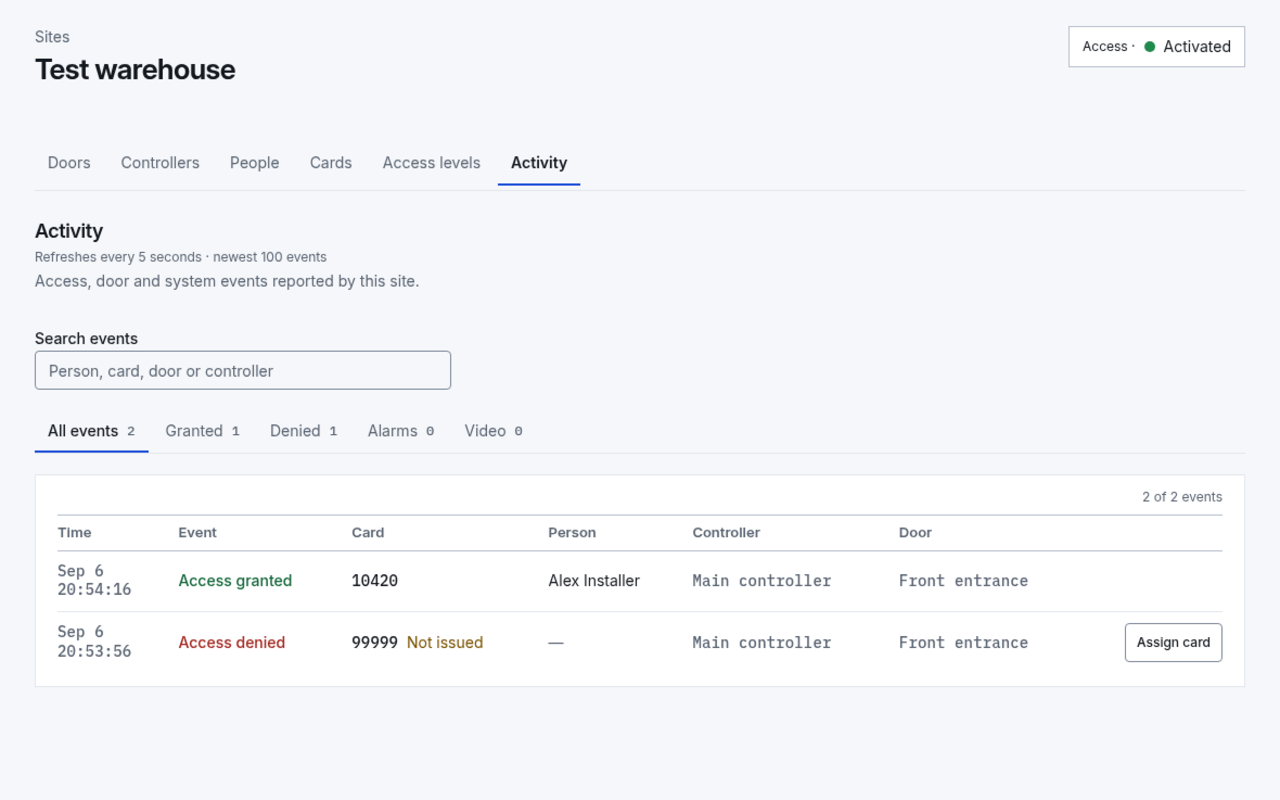 Portal activity view listing a granted and a denied card tap with card number, person, controller, and door