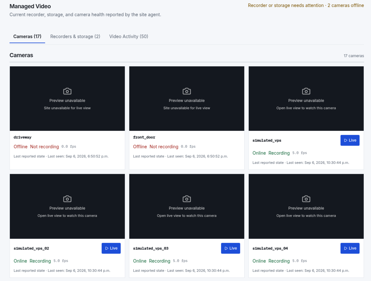 Managed Video camera grid with simulated cameras online and recording and two cameras reported offline
