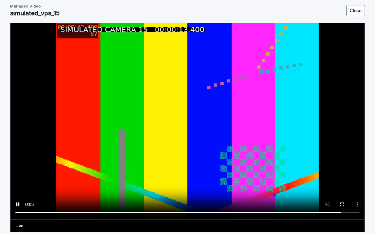 Live view of a simulated camera playing colour bars in the portal with a live indicator