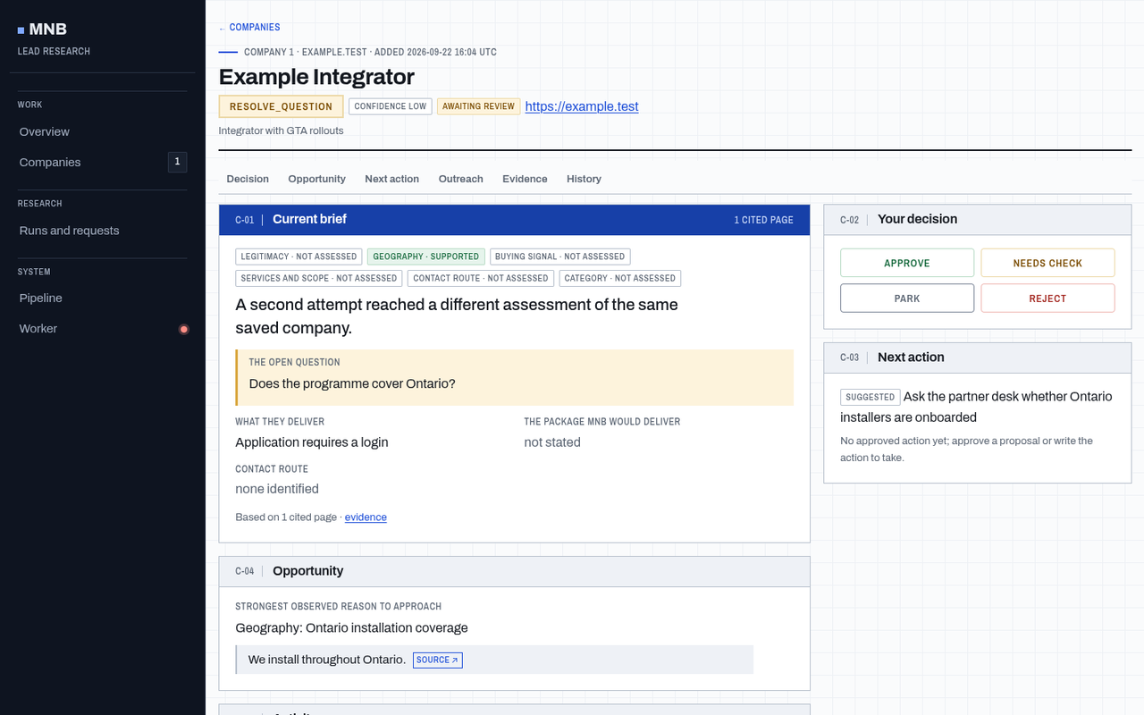 Review UI company page showing a cited brief with topic badges and approve, needs check, park and reject buttons