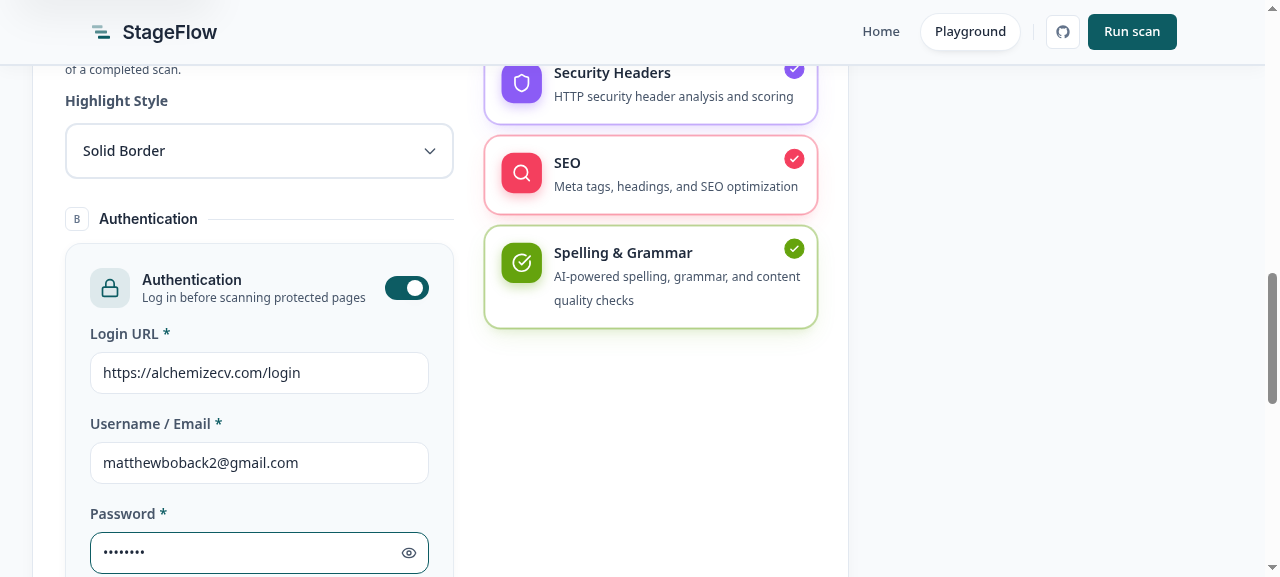 Playground authentication panel configured with a login URL, demo email, and password, beside the scanner selection