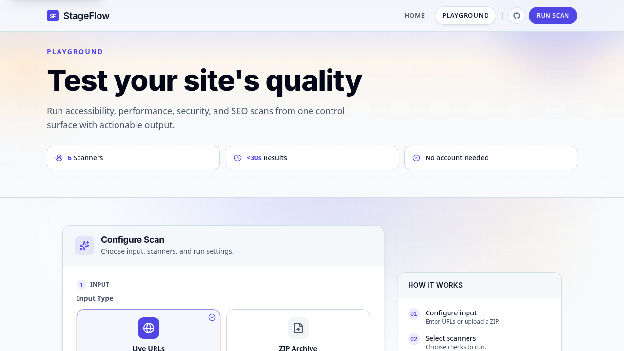 Live StageFlow playground for configuring URL or ZIP scans and scanner options.