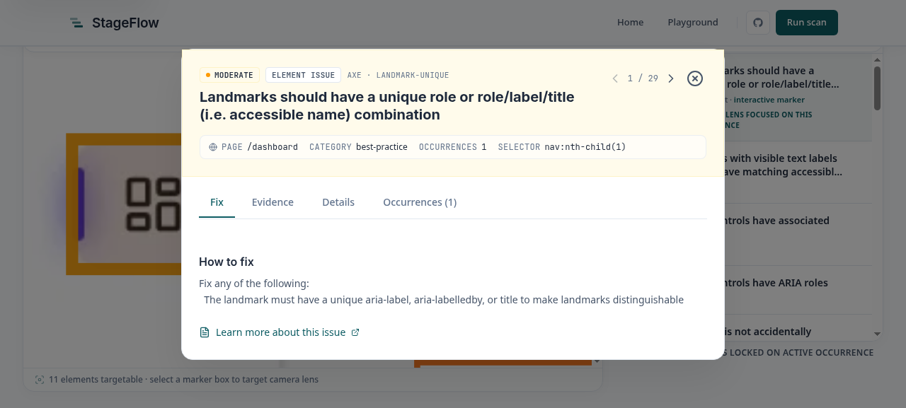 Issue detail panel for a landmark accessibility finding, showing the rule, selector, and how-to-fix guidance with the page element zoomed in behind it
