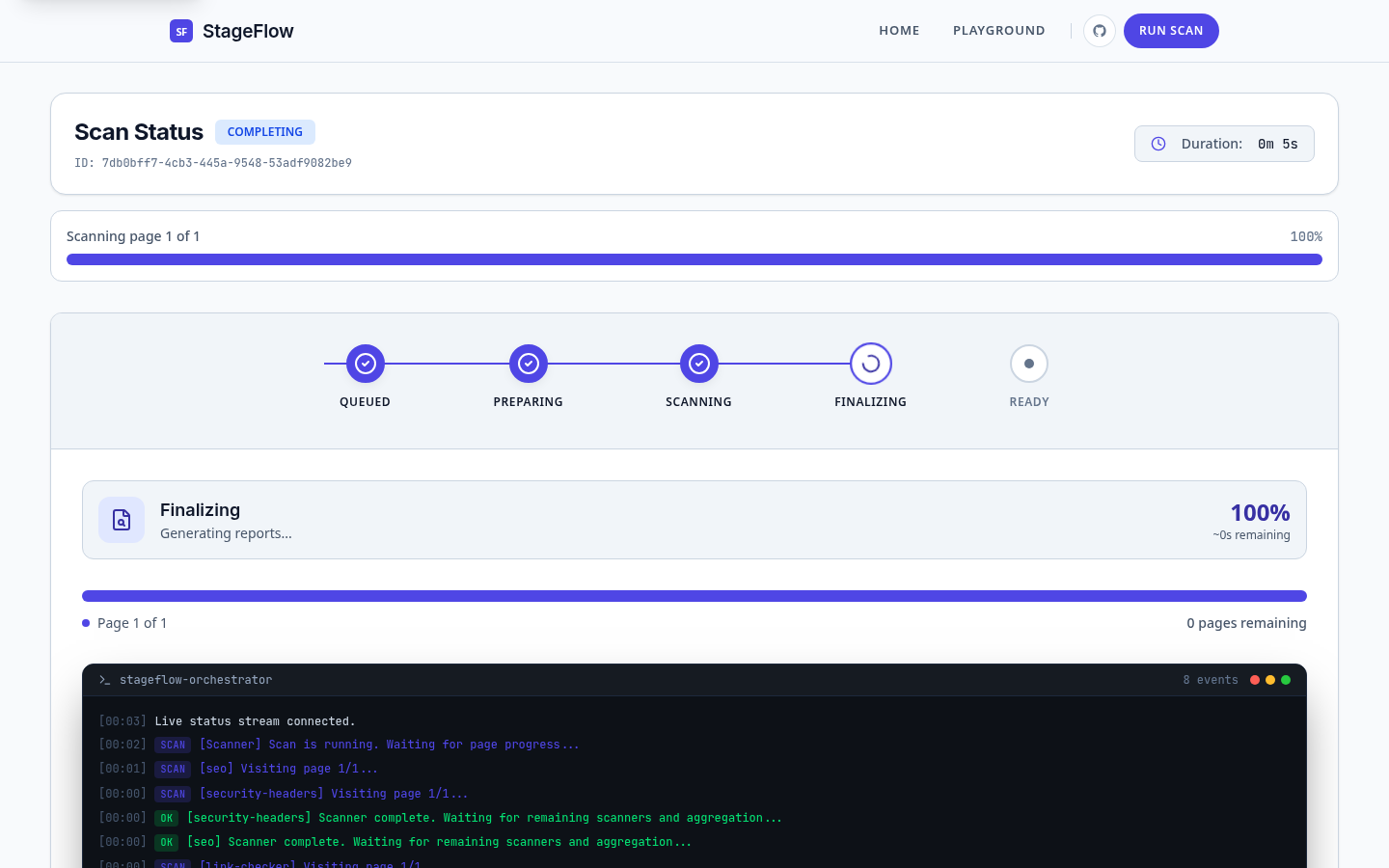 Live scan status page with stage progress, stepper, and terminal output.